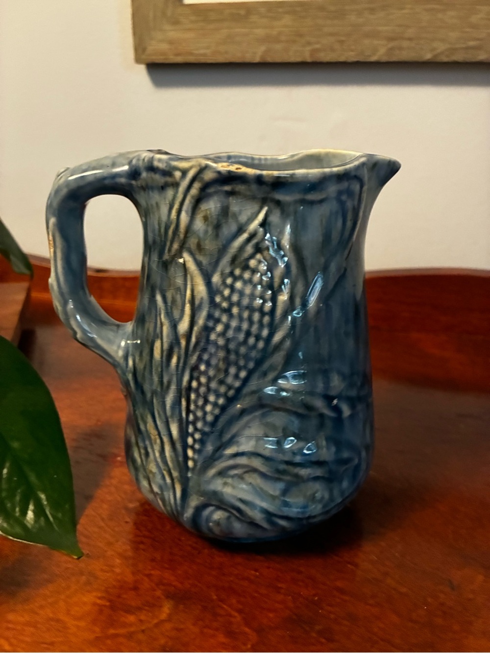 Vintage Roseville Pottery Blue Ironstone pitcher/Jug Corn Detail